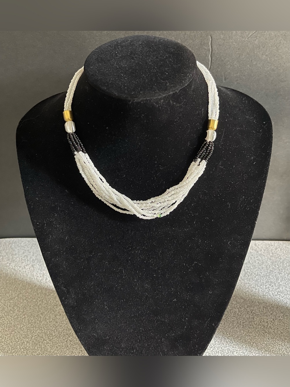 White & Black Seed Bead Multi-Strand Necklace Evil Eye Beads & Gold Accents 8”